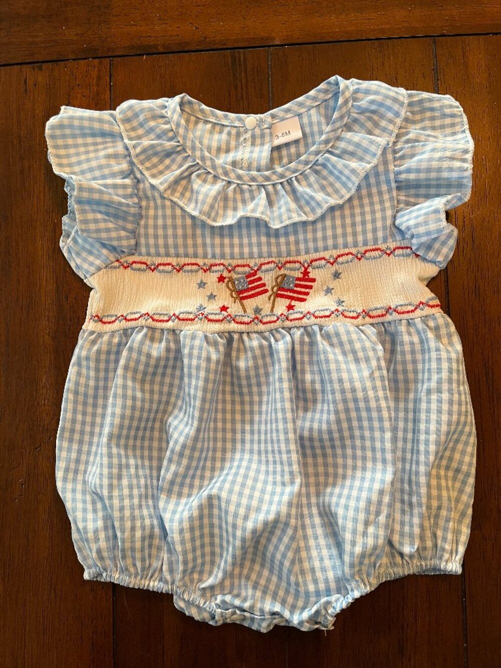 Baby Girl 3-6M Blue Gingham Smocked Romper Patriotic USA Flags Bubble Outfit